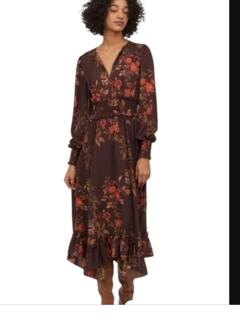 H&M Brown Floral V-Neck Long Sleeve Midi Dress
